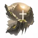 christian cross summit of a mountain landscape ray of sunshine tattoo design idea