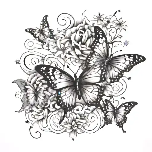 Tattoo of the name Ysabel with butterflies and stars around it tattoo design idea