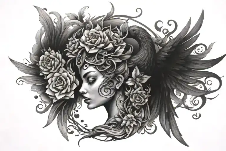 masculine pheonix rising, prominent third eye, feminine flowers intertwined  tattoo design idea