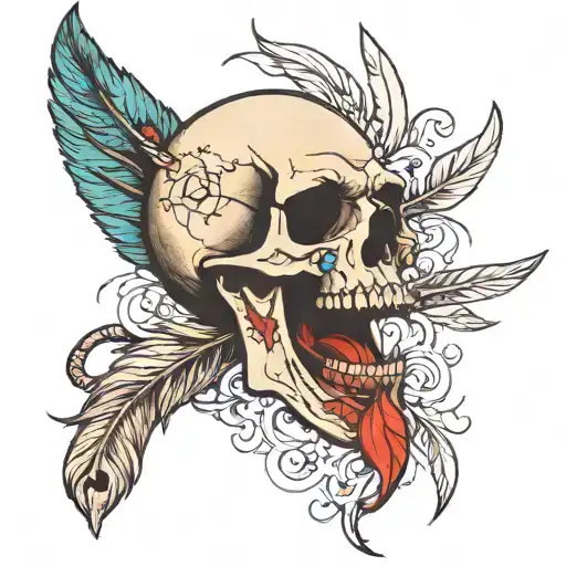 Open mouthed skull with inscribed feathers  tattoo design idea