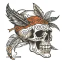 Open mouthed skull with inscribed feathers  tattoo design idea