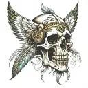 Open mouthed skull with inscribed feathers  tattoo design idea