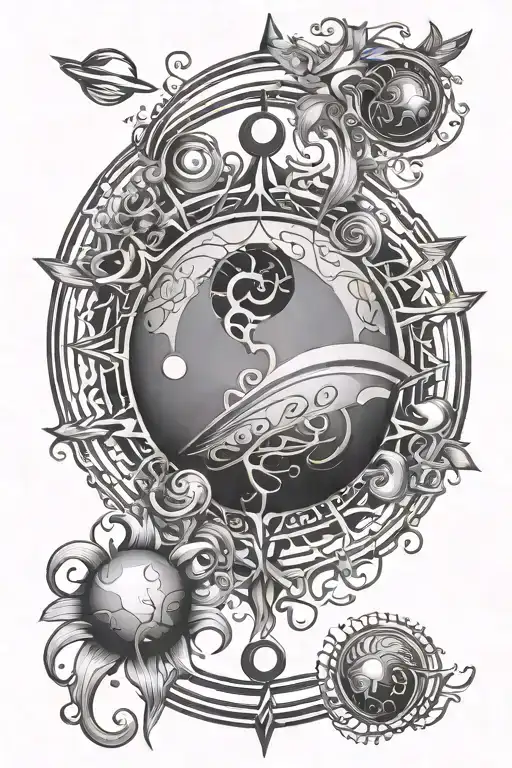 vertical unalome design with  a sun, planet venus, libra symbol tattoo design idea