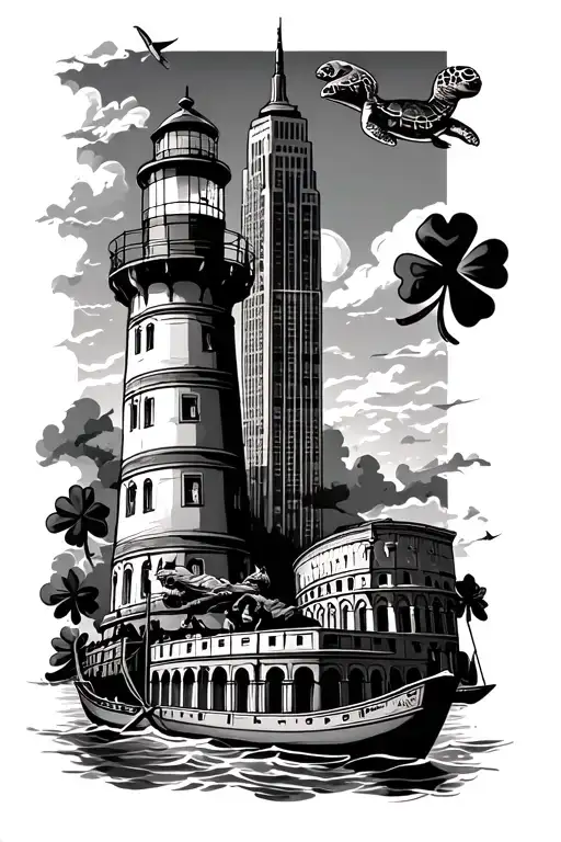 lighthouse and turtle and shamrock and Empire State Building and Roman colosseum and gondola boat tattoo design idea