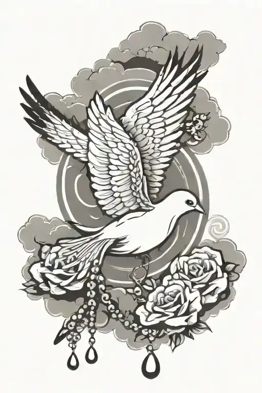 dove in clouds with a rosary beads tattoo design idea
