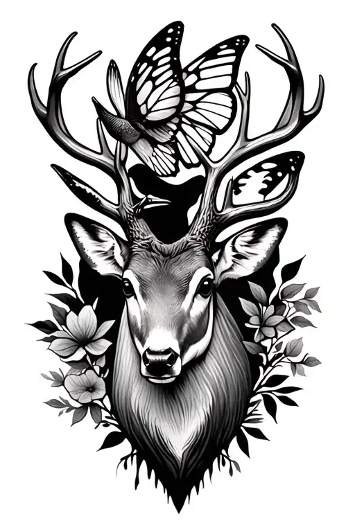 buck deer head, hummingbird,butterfly tattoo design idea