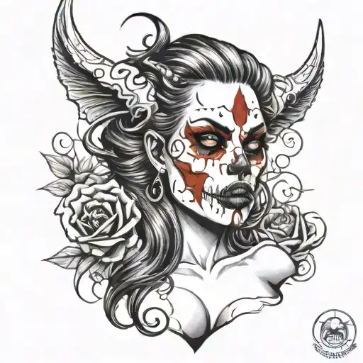 girl demon open breast big skull blood boobs tattoo design idea