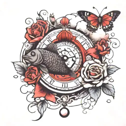 red pisces fish symbol, roses, flowers, clock, clouds, butterfly tattoo design idea