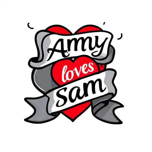 "Amy loves Sam" red heart with banner wrapping tattoo design idea