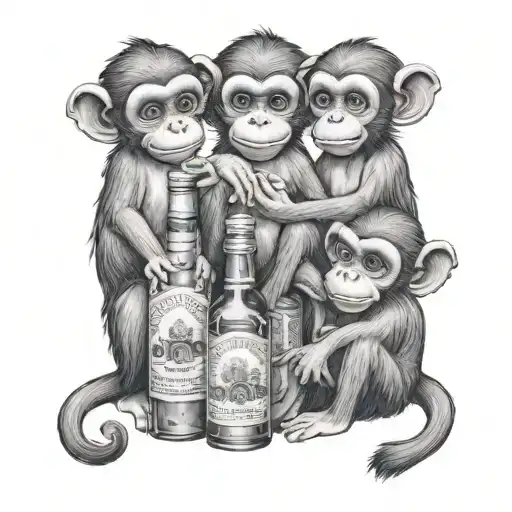 3 little girl monkeys sitting around a bottle of apple e&j liquor  tattoo design idea