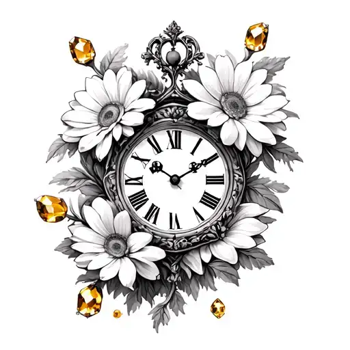 Roman clock at 9:01 PM with chrysanthemum flowers and citrine birthstones tattoo design idea