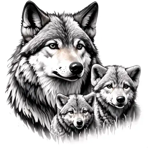 wolf with 2 cubs tattoo design idea