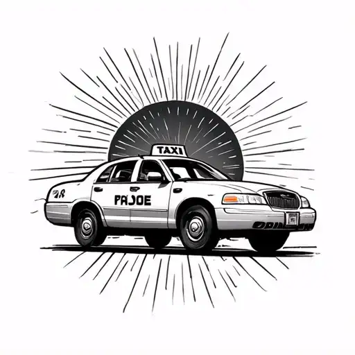 taxi cab on the road driving towards the morning sun. artwork will be black fine line in a circle. based on the song tax tattoo design idea