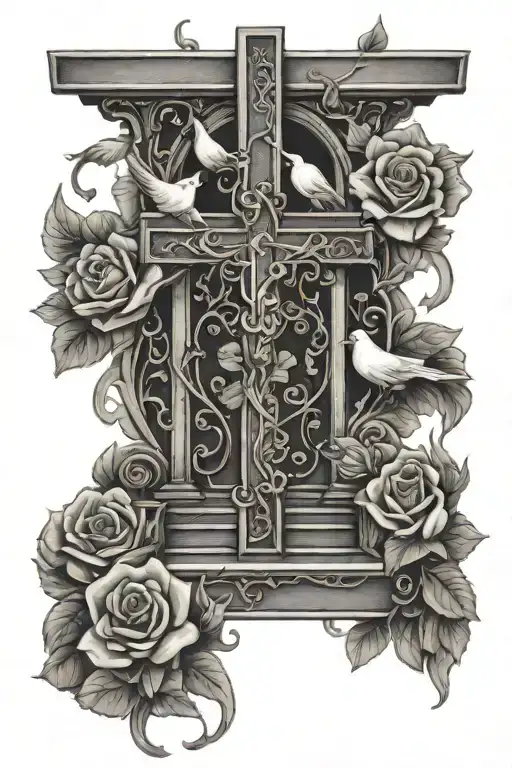 CROSS, ROSES AROUND, VINES, DOVES, STAIRCASE INSIDE OF CROSS, V • XXVI • MMXXIII tattoo design idea