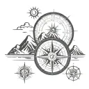 mountains, compass , sun , moon tattoo design idea