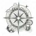 mountains, compass , sun , moon tattoo design idea