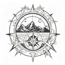 mountains, compass , sun , moon tattoo design idea