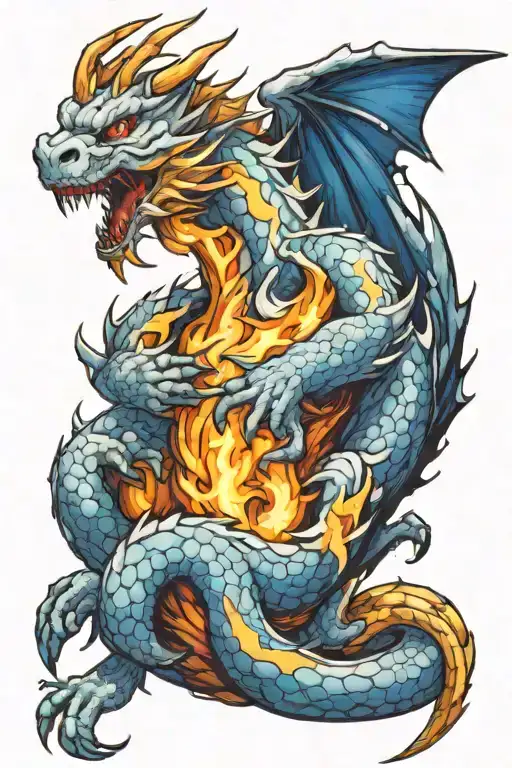 a white dragon with blue fire tattoo design idea
