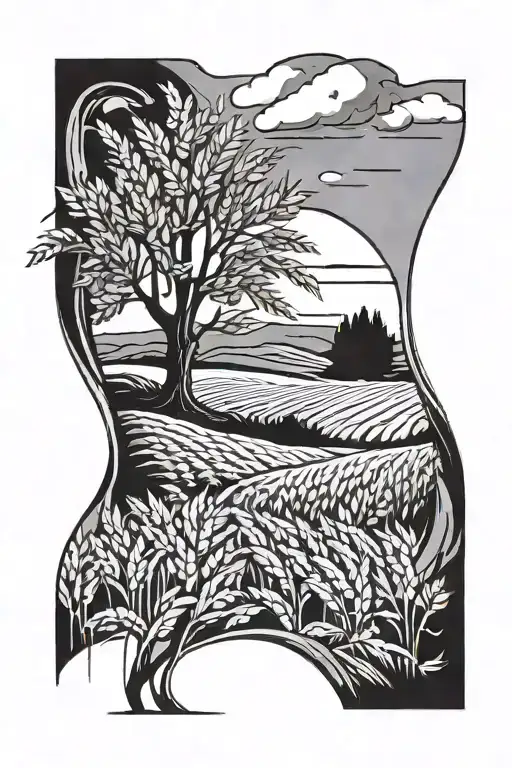 wheat field and tree inside tattoo design idea
