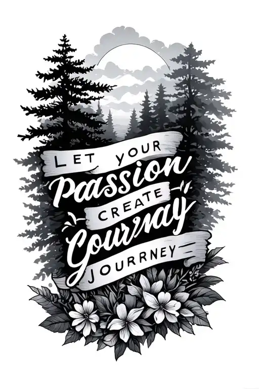 words "let your passion create your journey" with a road and some trees and flowers tattoo design idea