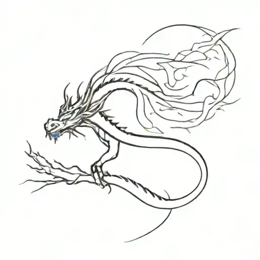 Full sleeve tattoo in black, with fine lines and no background, inspired by the movie Mulan, including a dragon tattoo design idea