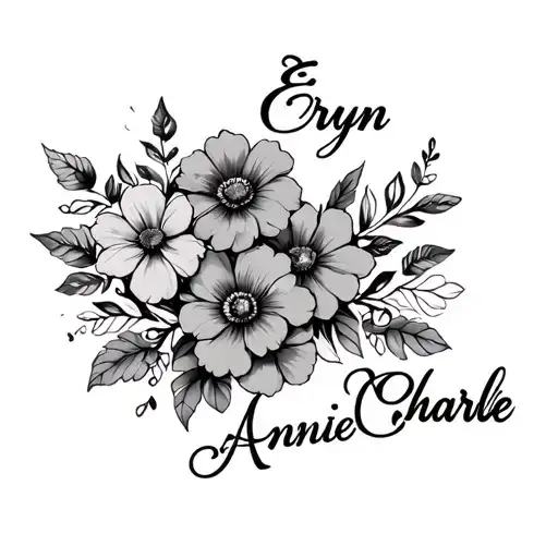 "Eryn Annie Charlie" some flowers intertwined tattoo design idea