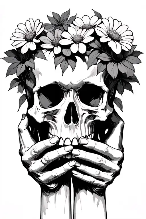 Black and gray sketch of a skull with flowers growing out of it and hands choking at the neck. tattoo design idea