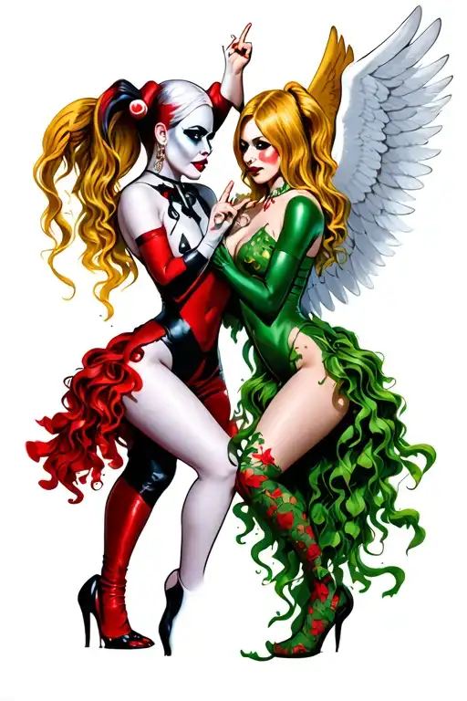 Harley Quinn and poison ivy doing a pinky promise while Harley Quinn has gold and white angel wings tattoo design idea