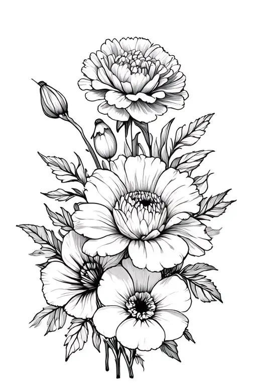 flowers including a carnation, a snowdrop, a chrysanthemum, a peony, and a morning glory in a bouquet tattoo design idea