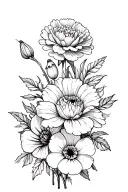 flowers including a carnation, a snowdrop, a chrysanthemum, a peony, and a morning glory in a bouquet tattoo design idea