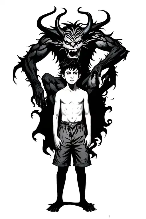 a boy standing with a scary demon towering behind him and wrapped around him tattoo design idea