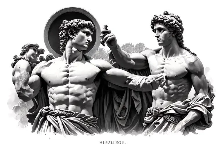 Roman statue battle scene tattoo design idea