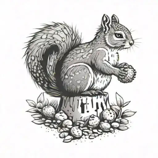 A dotwork design of a squirrel gathering nuts in a construction site surrounded by trees tattoo design idea