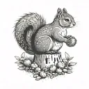 A dotwork design of a squirrel gathering nuts in a construction site surrounded by trees tattoo design idea