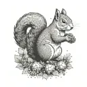 A dotwork design of a squirrel gathering nuts in a construction site surrounded by trees tattoo design idea