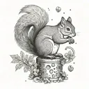 A dotwork design of a squirrel gathering nuts in a construction site surrounded by trees tattoo design idea
