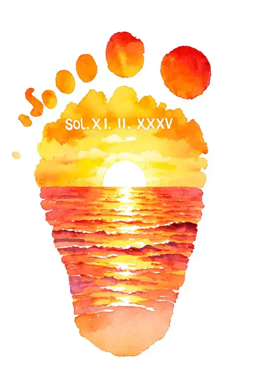 "Sol XII.II.XXXV" baby foot print surrounded by the sunrise and ocean scene tattoo design idea
