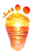 "Sol XII.II.XXXV" baby foot print surrounded by the sunrise and ocean scene tattoo design idea