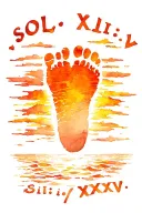 "Sol XII.II.XXXV" baby foot print surrounded by the sunrise and ocean scene tattoo design idea