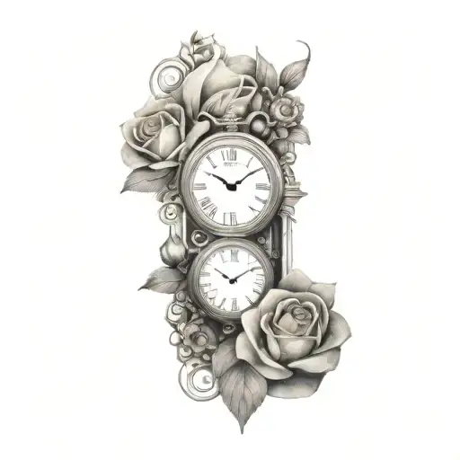 flowers with timepiece steampunk Alice in wonderland style tattoo design idea