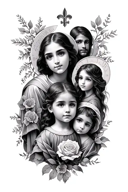 my kids names, allegra, scarlet and mateo, with saints gabriel, ava and rose on my right arm all the way up my shoulder  tattoo design idea
