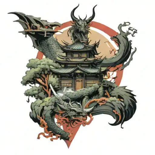 A samurai dragon with a samurai house in the middle of a sword forest tattoo design idea