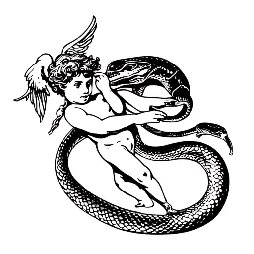 A cupid figure being devoured by a snake, symbolizing the client's love for the unexpected and rebellious nature tattoo design idea