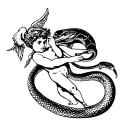 A cupid figure being devoured by a snake, symbolizing the client's love for the unexpected and rebellious nature tattoo design idea