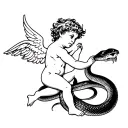 A cupid figure being devoured by a snake, symbolizing the client's love for the unexpected and rebellious nature tattoo design idea