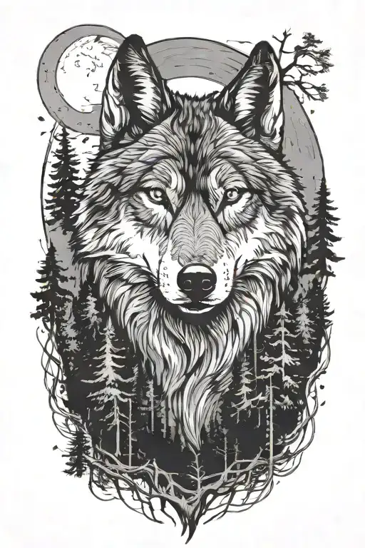 a serious-looking wolf looking straight ahead, with a forest of pine trees behind him and a full moon shining in the sky tattoo design idea