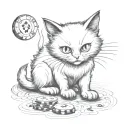 Gambling sneaky white and black cat playing. tattoo with no shading just black ink. Make this cat a villain, b&w fur. tattoo design idea
