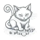 Gambling sneaky white and black cat playing. tattoo with no shading just black ink. Make this cat a villain, b&w fur. tattoo design idea