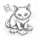 Gambling sneaky white and black cat playing. tattoo with no shading just black ink. Make this cat a villain, b&w fur. tattoo design idea