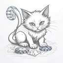 Gambling sneaky white and black cat playing. tattoo with no shading just black ink. Make this cat a villain, b&w fur. tattoo design idea
